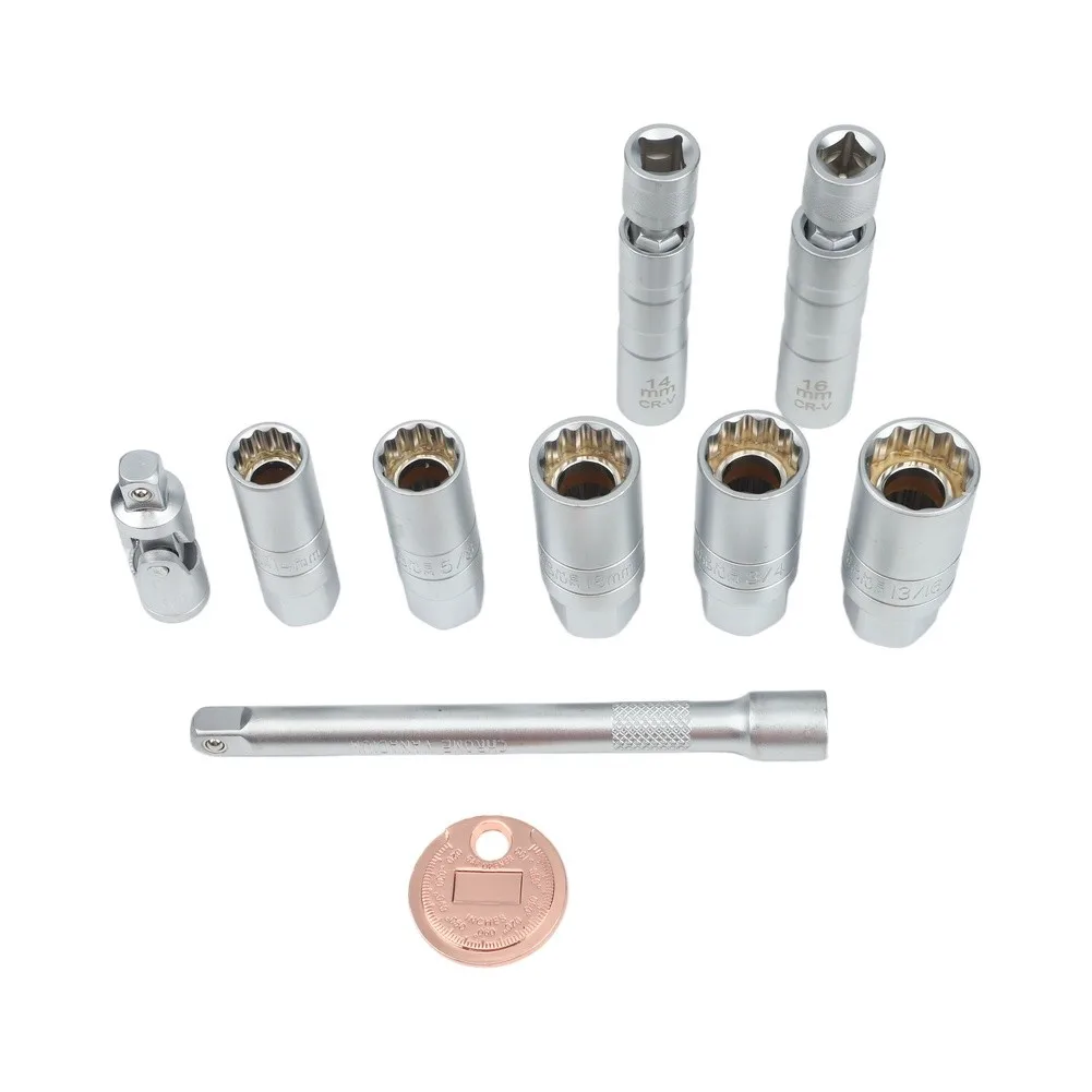 Multi-Purpose 10 Piece Spark Socket Set 3/8 Inch Drive Chrome Vanadium Magnetic Swivel Sockets with 10in Extension