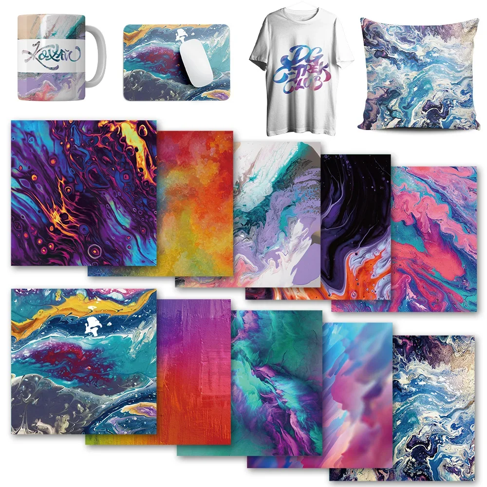 XFX Watercolor Transfer Vinyl Ink Sheets 10 PCS 12x12 Inch Blue Pink Color Sublimation Heat Vinyl Paper for T-Shirt Hat Mugs DIY