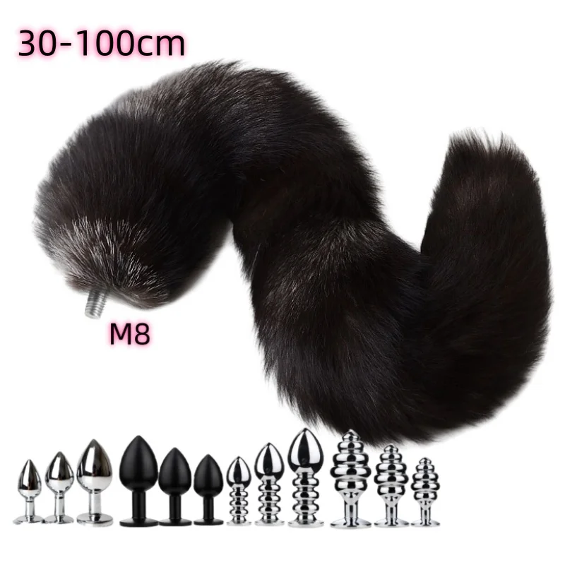 BDSM Alloy Threaded Anal Sex Toys with 30-100cm Detachable Fluffy Silver Black Real Fur Fox Tails for Couple Erotic Accessories