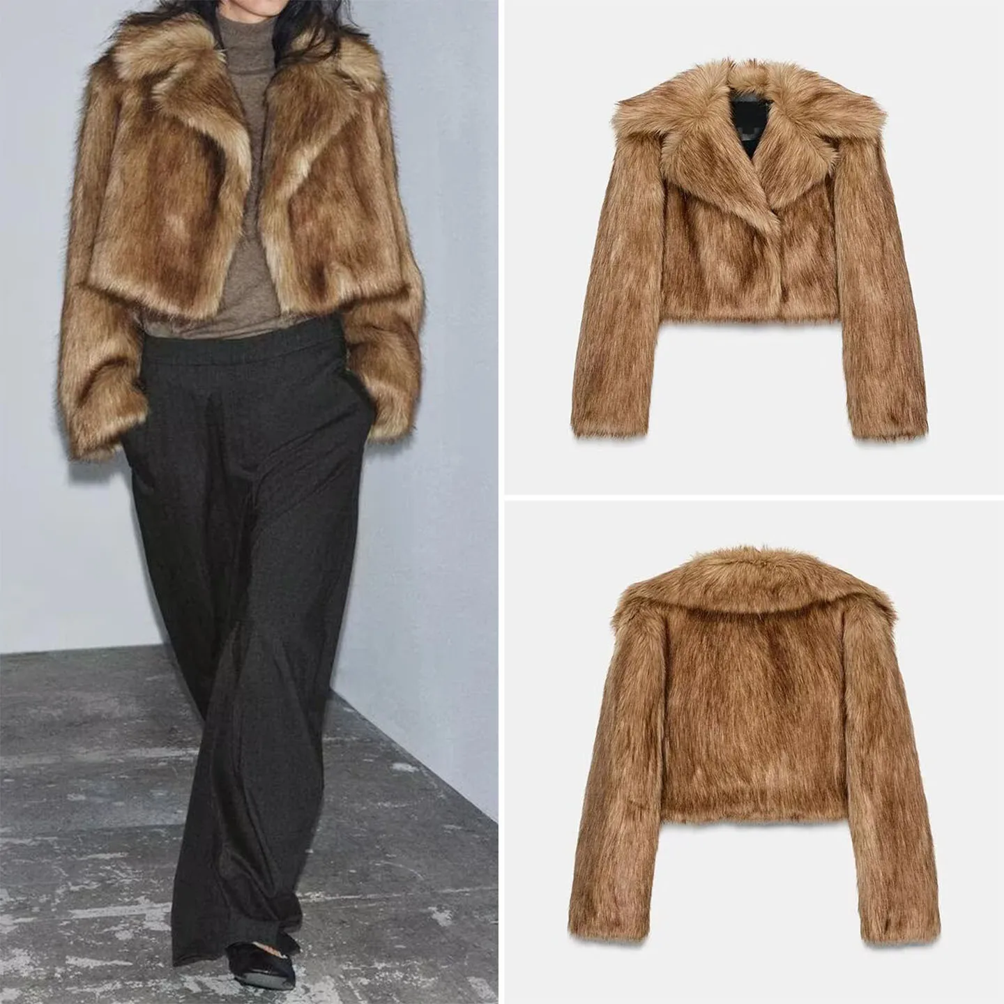 

Z Women's Faion ort Artificial Fur Effect Jaet 2025 New Sle Stand Fit Long Sve Turn-down Collar Coat