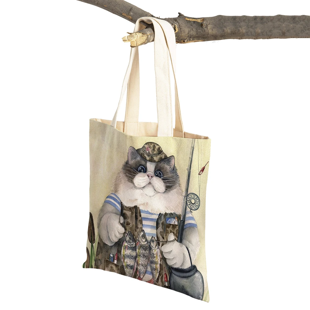 Cartoom Worker Cat Oil Painting Art Tote Handbag riutilizzabile Fashion Animal entrambi i lati stampa Casual Canvas Cloth Women Shopping Bag