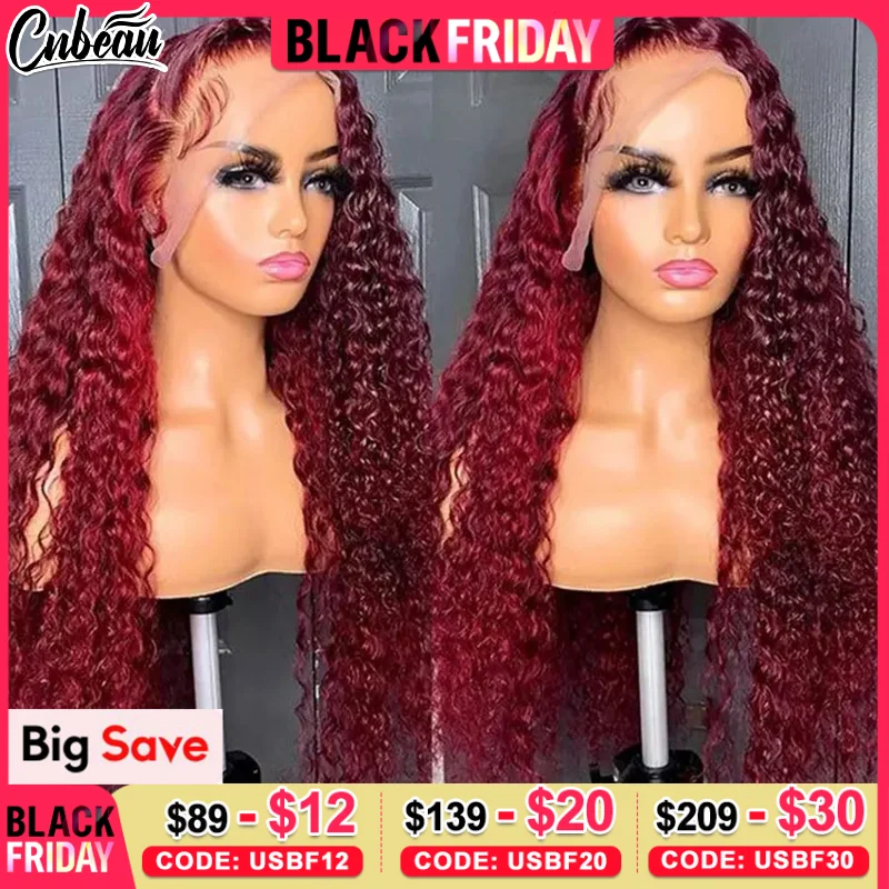 99j Bordeauxrood 13X6 Hd Deep Wave Lace Frontale Pruiken Gekleurd Krullend Mensenhaar Pruik Rood Deep Wave 4X4 Lace Front Sluiting Pruik 30 Inch