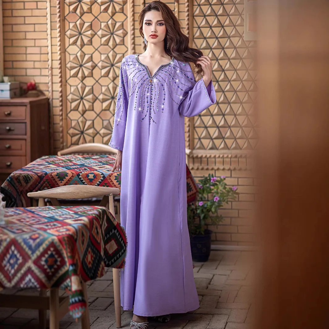 BA5149 new lilac purple heavy industry hand sewn rhinestone dress, Arabian robe, women's clothing