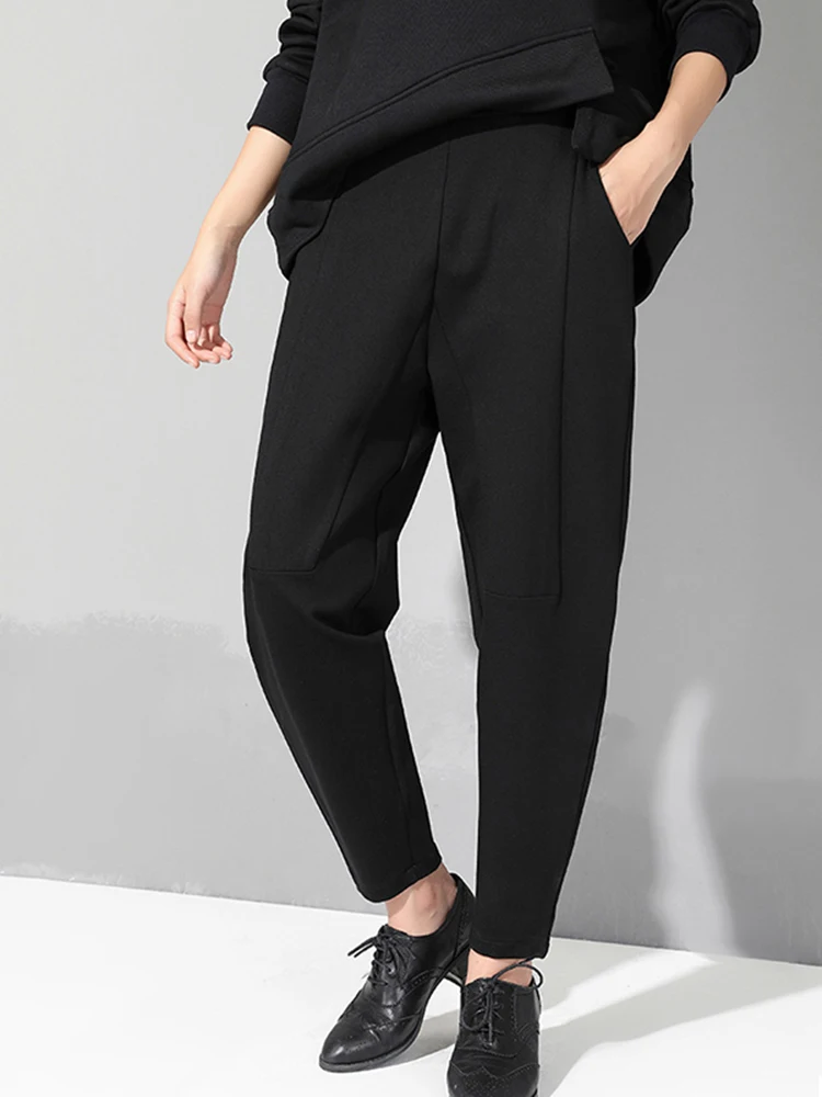 [EAM] 2024 nueva primavera otoño cintura alta elástica negro suelto Patchwork Split Joint Breves pantalones mujeres moda marea JQ013