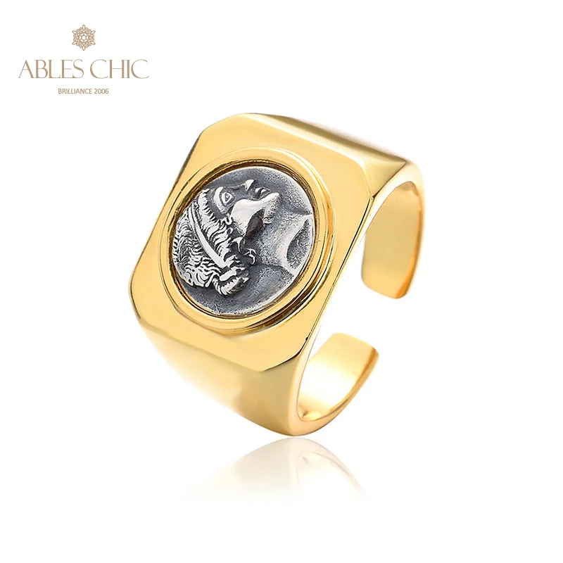 

Greek Amazon Female Warrior Silver Coins Signet 18K Gold Two Tone Solid 925 Silver Roman Coin Open Ring R1020