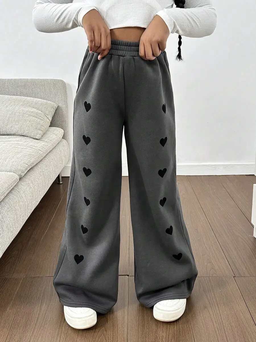 

Gray Wide-Leg Sweatpants with Black Heart Print for Girls