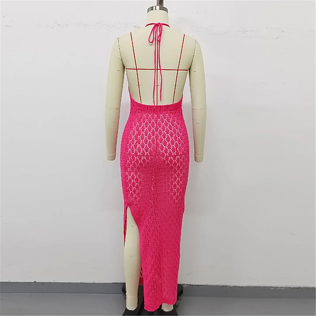 Halterneck, rückenfreies, gehäkeltes, gestricktes Tunika-Strandkleid, Strandkleid, Strandmode, Damen V6718 – Detail 22