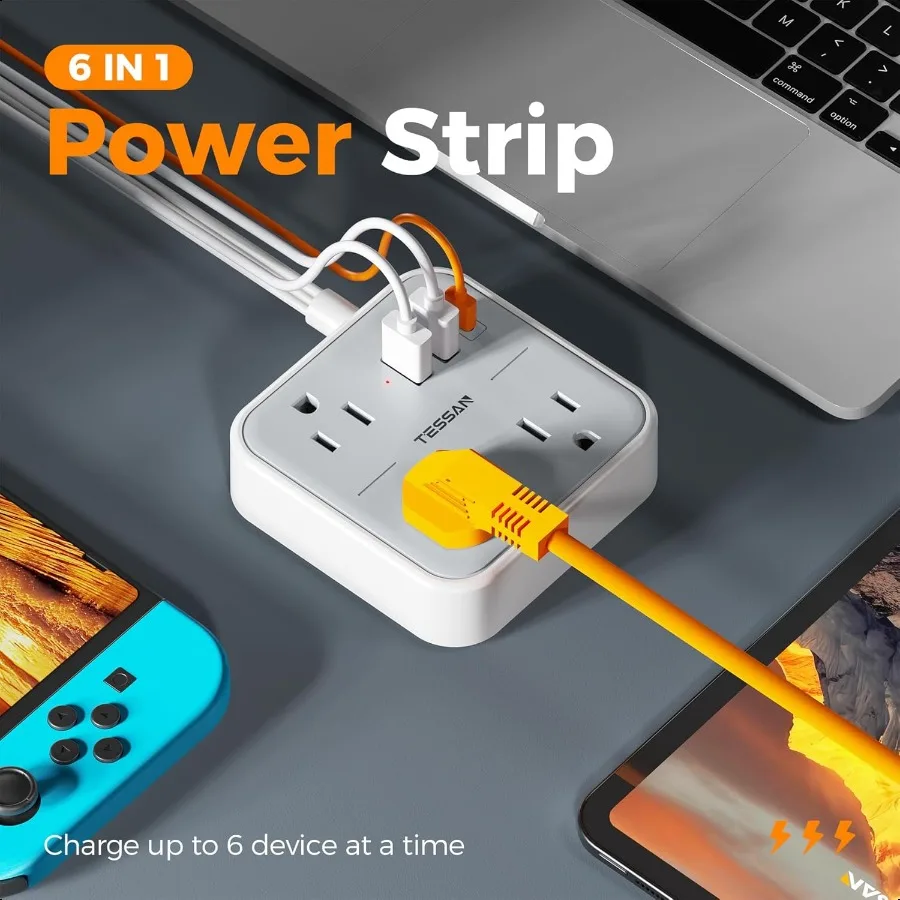 Ultra Thin Flat Extension Cord 5 FT TAN Slim Power Strip with USB Ports 1 USB C Surge Protector Flat Plug Wall Charger with 3 O