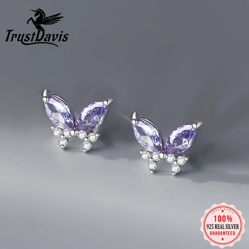 TrustDavis 925 Sterling Silver Elegant Butterfly CZ Stud Earrings Gift for Lady Daugther Girls S925 Wholesale Jewelry DS3877