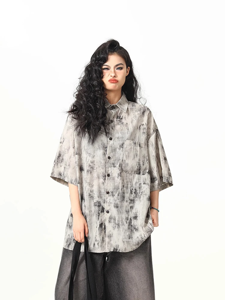 Splash Ink Tie-Dye camisa de manga larga diseño Sense Niche solapa camisas casuales de un solo pecho moda Vintage blusas de mujer