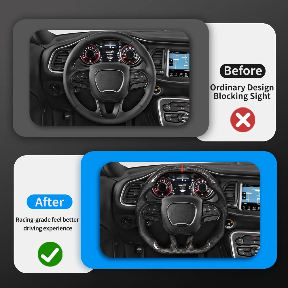 

Real Carbon Fiber Steering Wheel Flat Top No Heating Red Stitch Fit For Dodge Challenger Charger 2015-2024 Custom Racing Wheel