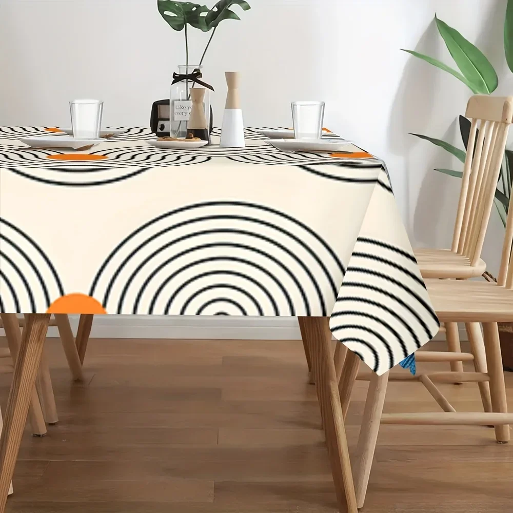 1pc. Elegant and stylish long rectangular polyester tablecloth with exquisite orange circle wave pattern print.