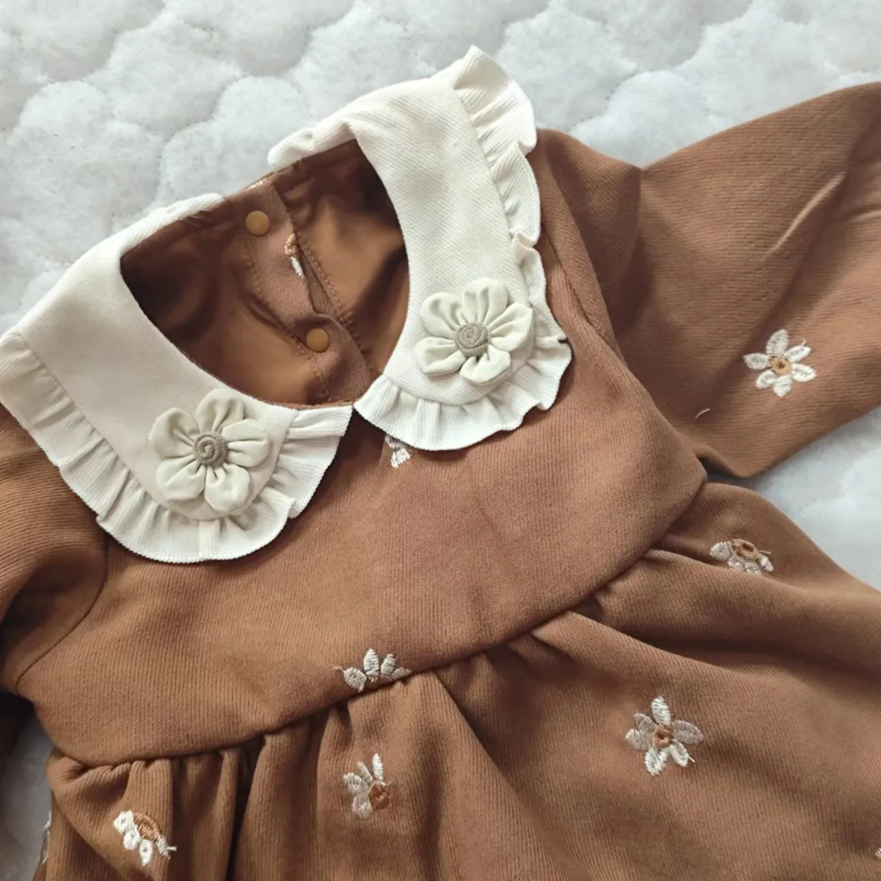 Newborn Baby Girl Romper Dress Frill Doll Collar Infant Toddler Flower Embroidery Longsleeve Jumpsuit Loose Baby Clothes 3-24M