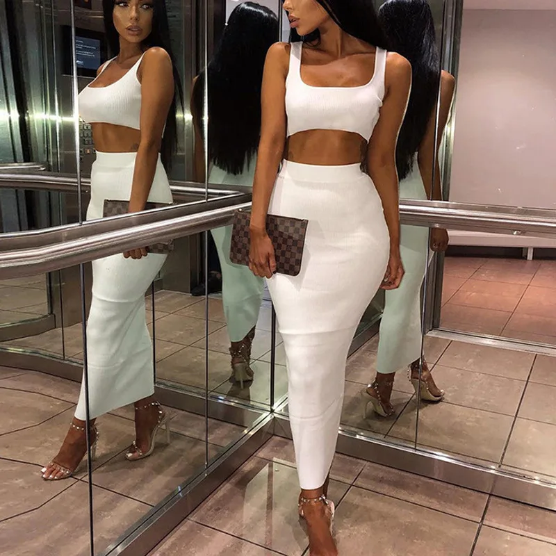 Sexy Hip Wrap Long Dress Set 2023 New High Waist Open Umbilical Rib Knitted High Waist Ultra Short Tank Top 2-piece Set