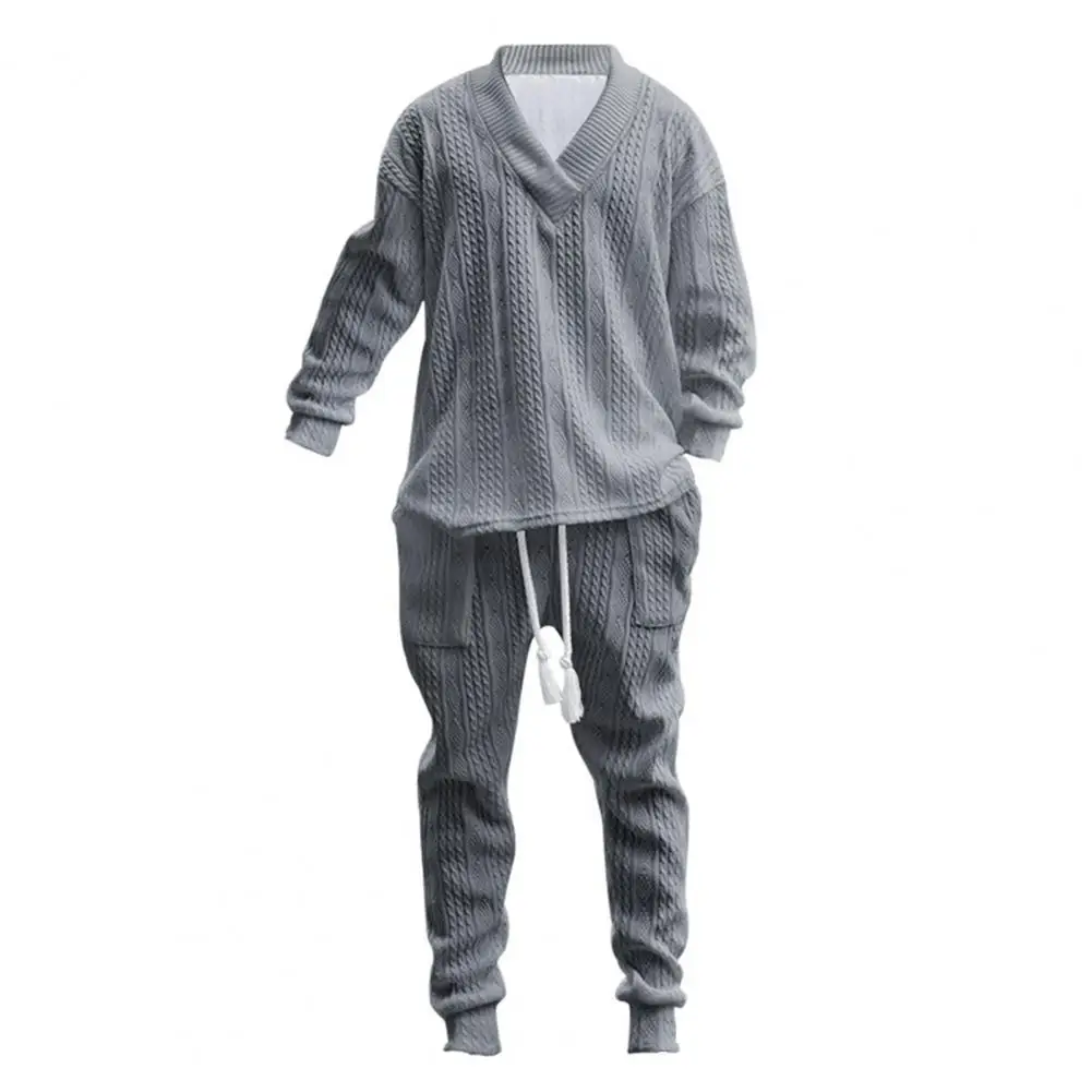 Men Sports Outfit Long-sleeve V-neck Top Trousers Set Men's V-neck Long Sleeve Sportswear Suit with Elastic for Active