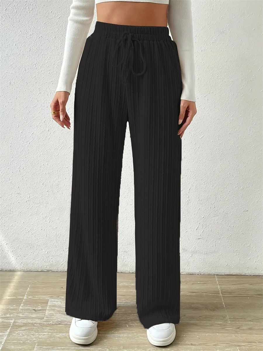 Women Knit Wide Leg Pants Textured Bow Elastic Waistband Loose Casual Pull On Sweater Trousers