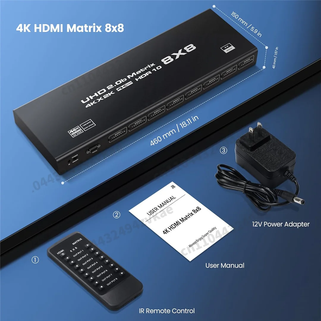 Switcher Splitter with HDCP2.2, HDR10, RS232 Control & EDID Support8x8 4K 60Hz HDMI2.0 Matrix Switch: 8-In 8-Out Seamless