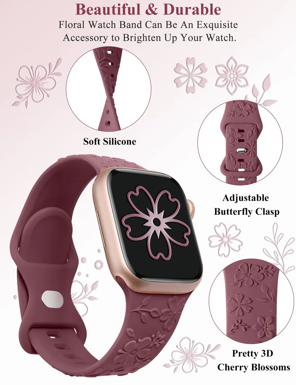 Wearlizer Embossed Cherry Blossoms Band for Apple Watch Band 45mm 41mm 40mm 38mm Silicone Sport Strap for iWatch 9/8/7/6/5/4/3/2 image 2