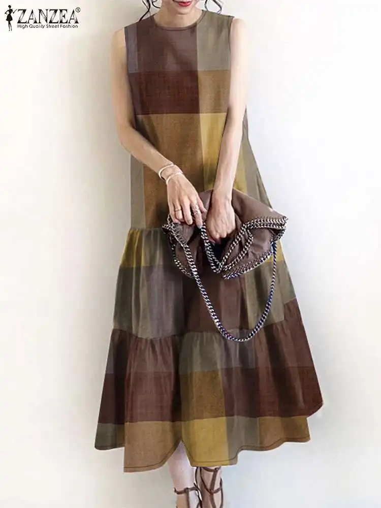 ZANZEA Elegant Women Sleeveless Dress Summer Holiday Party Sundress Vintage Tanks Robe Femme O Neck Ruffles Hem Vestidos Kaftan