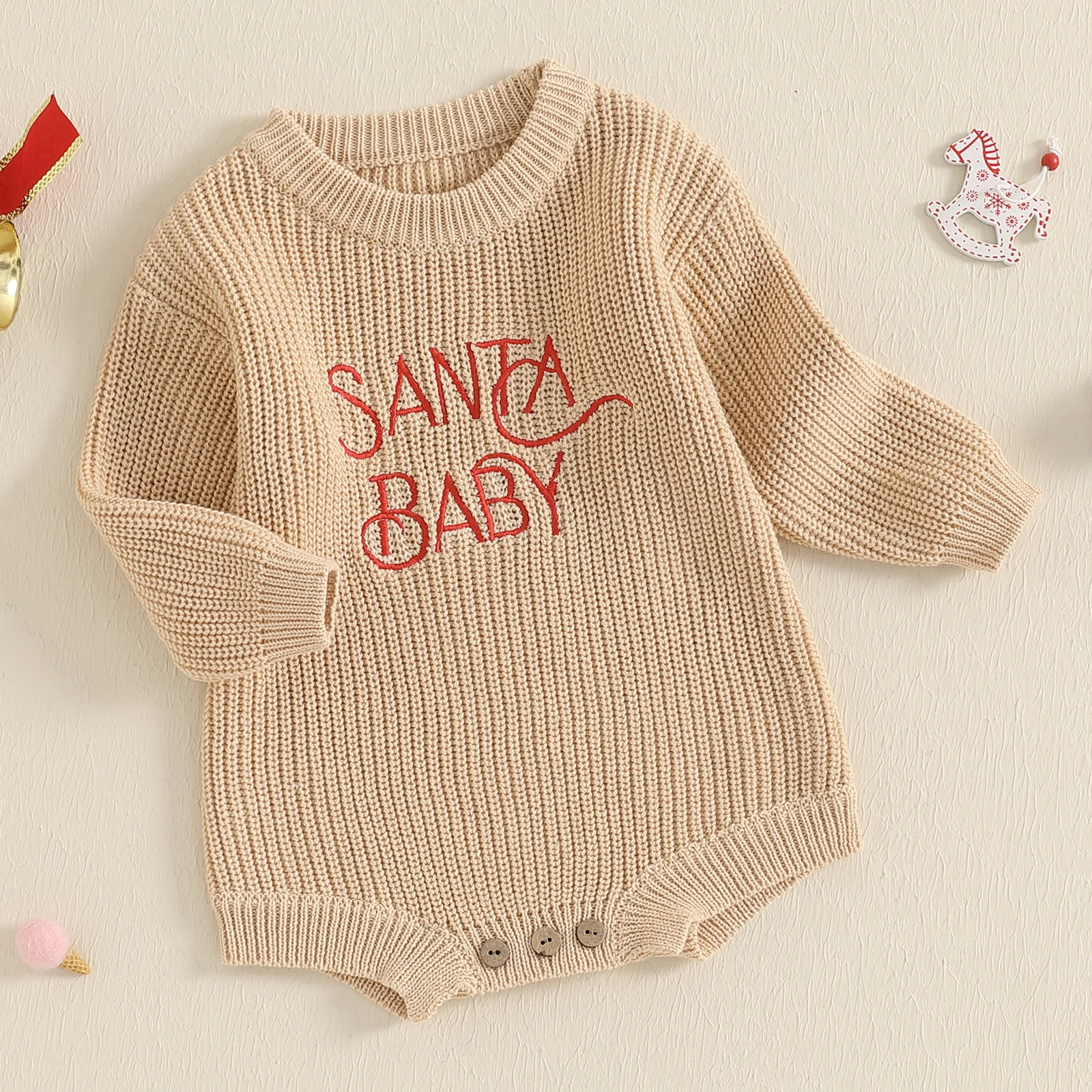 Tregren  Newborn Baby Sweater Romper Long Sleeve Round Neck Letter Embroidery Knit Bodysuit Christmas Outfit