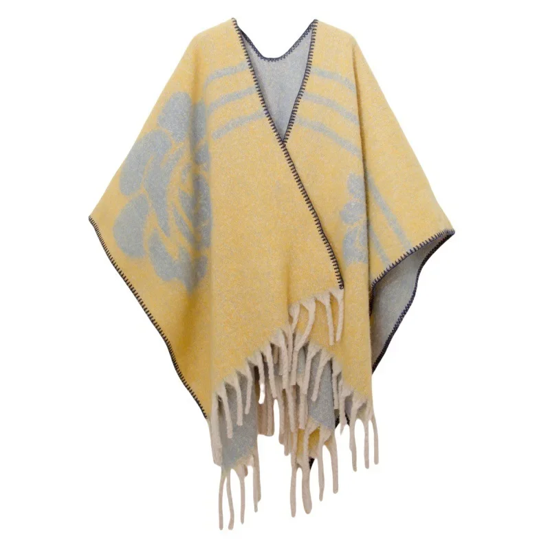 

Новое поступление, пончо, осенне-зимняя вязаная накидка, пушистая мохеровая круглая шифоновая жаккардовая шаль с цветочным принтом, плащ P1