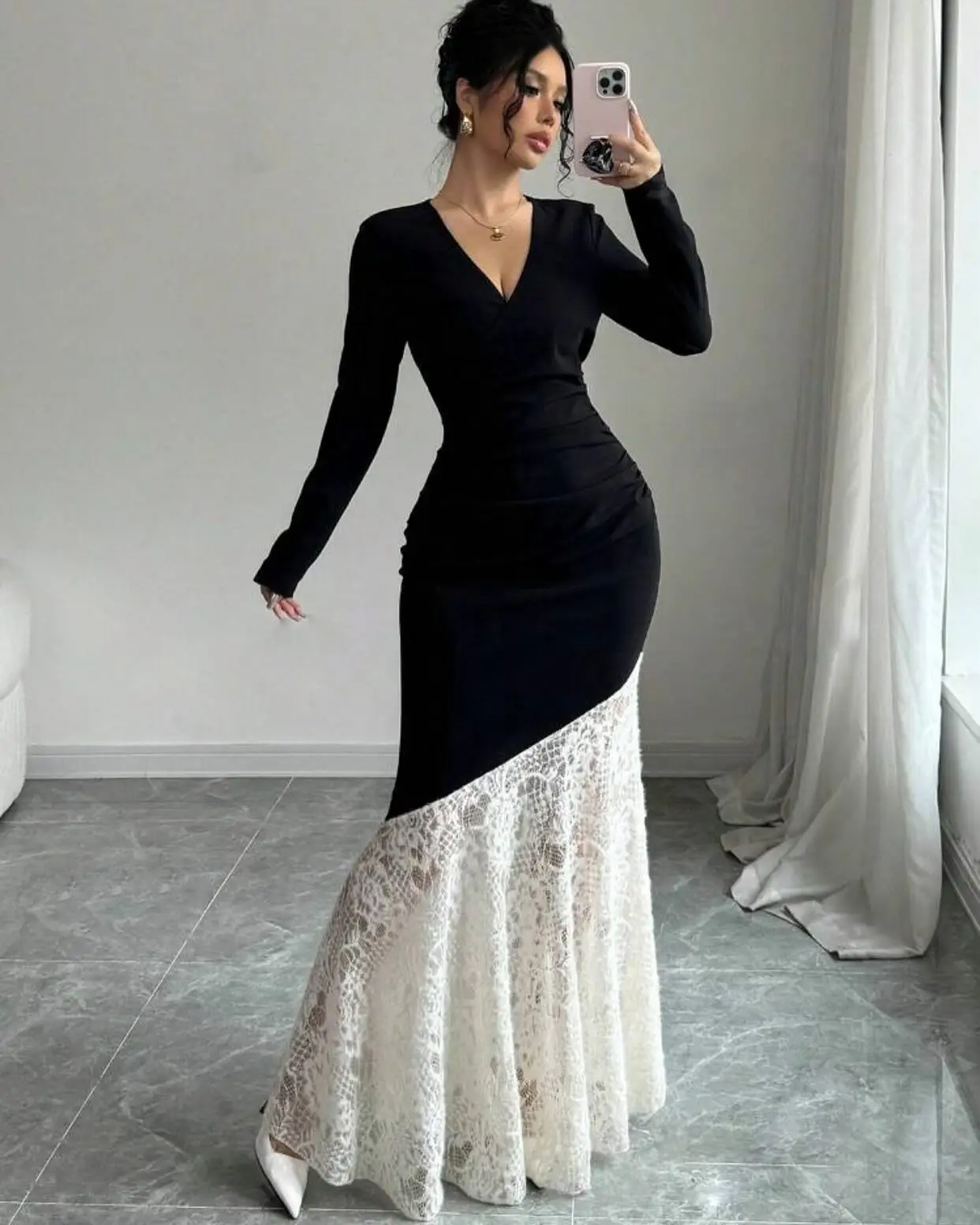 Customized  Temperament Lace Mermaid Evening Dress Delicate V-Neck Zipper Back Celebrity Gowns Fashion Long Sleeves Par