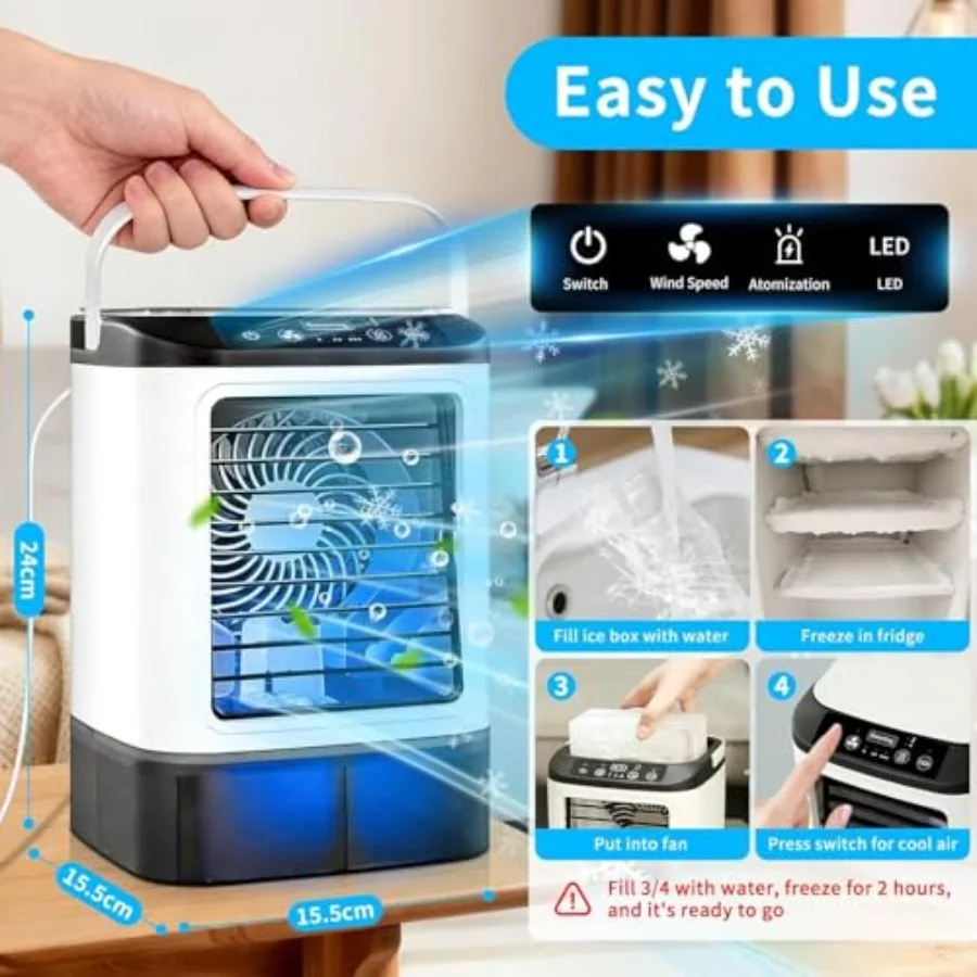 4-in-1 Mini Air Conditioner for bedroom office room car, evaporative cooler with 900ML tank ice cube mold, white plastic, ultra view 3