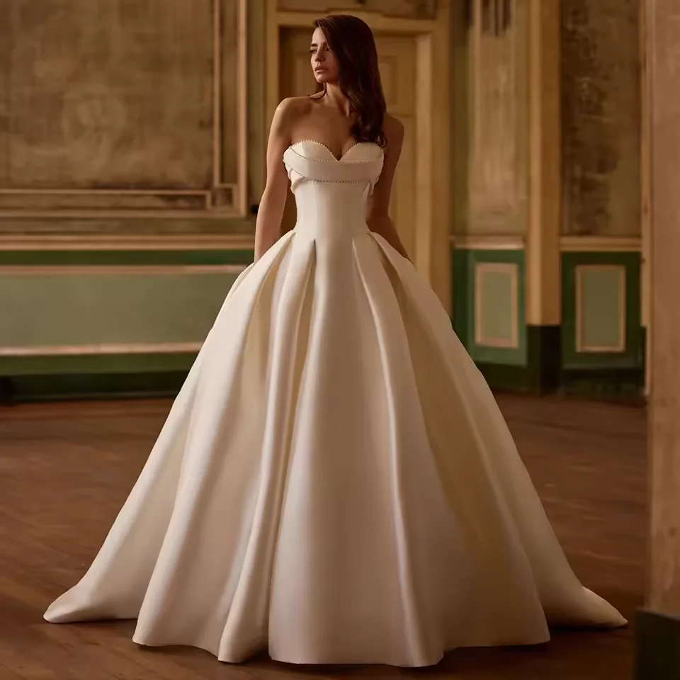 Customized Elegant Sleeveless Puffy Ball Gown Wedding Dresses With Beaded Pearls Satin Sweetheart Bridal Gowns Vestido De Novia