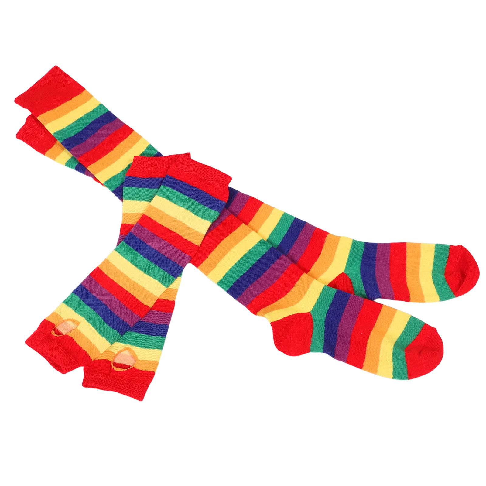 ชุดถุงเท้ายาวลายทางพร้อมถุงมือ อุปกรณ์คอสเพลย์สีสันสดใส ถุงเท้าและถุงมือแบบไม่มีนิ้วสำหรับงานปาร์ตี้ แต่งตัวฮาโลวีน