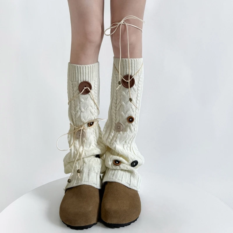 Women Twist Cable Knit Stretch Leg Warmers Sweet Buttons Bandage Footless Knee Length Long Socks Leg Covers Streetwear