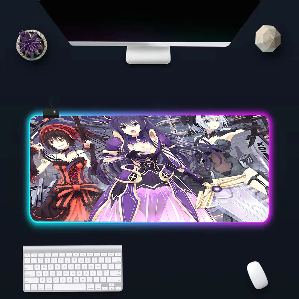 D-DATE A LIVE RGB Pc Gamer Keyboard Mouse Pad Mousepad LED Glowing Mouse Mats Rubber Gaming Computer Mausepad