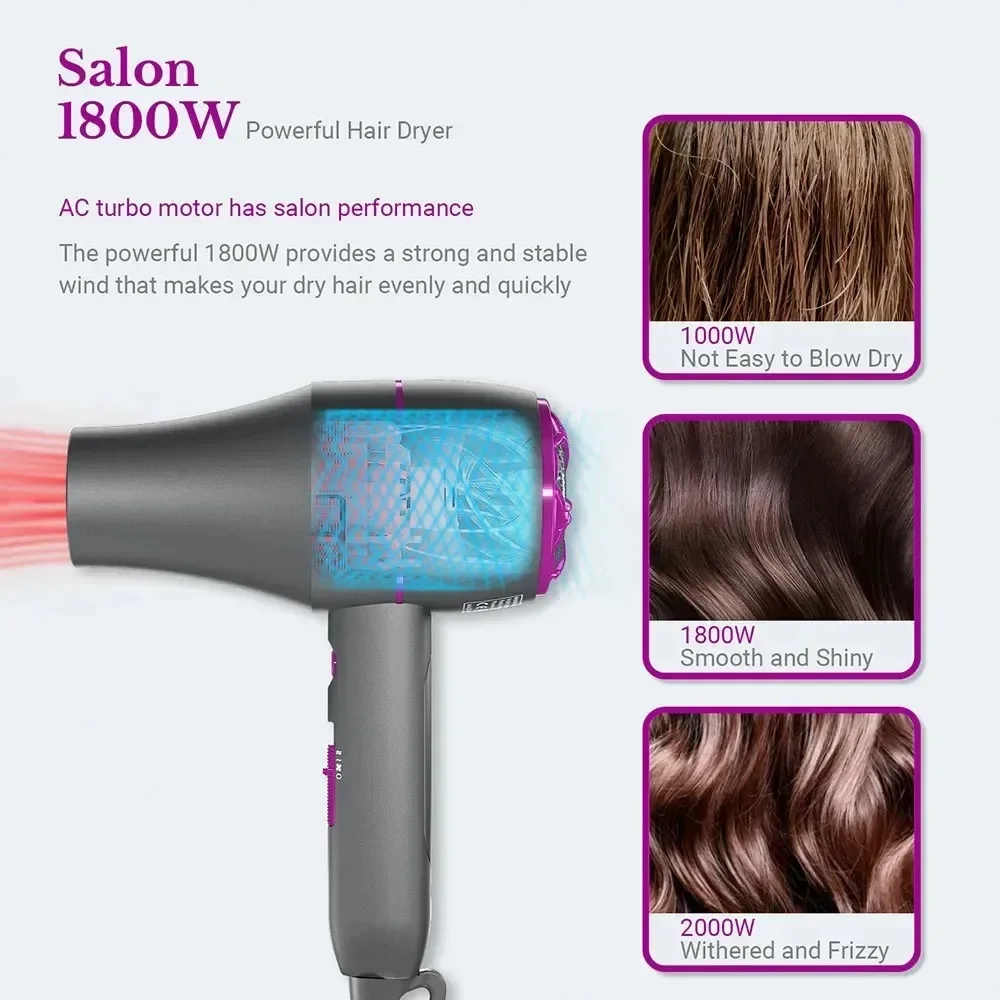 Professional Hair Dryer 1800W Powerful Negative Ions Strong Wind Blower Constant Temperature Collecting  Air Comb Nozzle Gear
