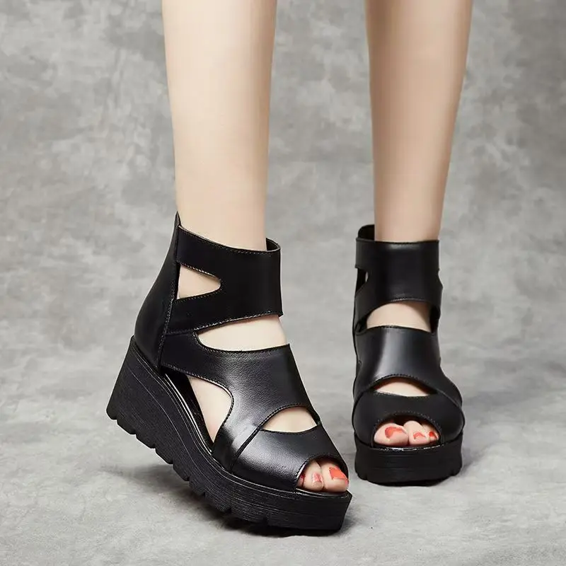 

Women's Leather Hollow Out Wedges Peep Toe Sandals Summer New Thick Sole Non Slip High Top Zippers High Heel Modern Sandals