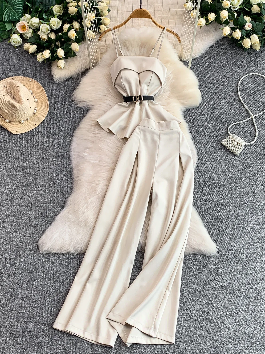 Elegant Casual High Waist Slimming Two-Piece Set with Chest Pad Belted Tie-Back Top And Pants Fashionable Student Work Uniform