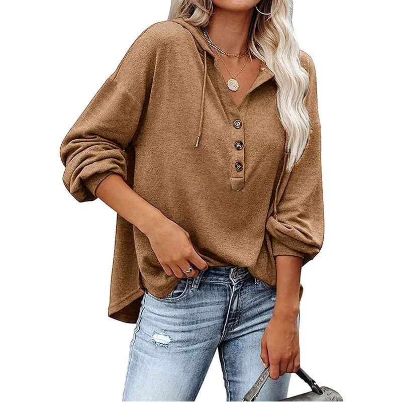 Spring Autumn Women's V-neck Long Sleeved Loose Sweatshirt Women's Sports Button Hooded Jacket