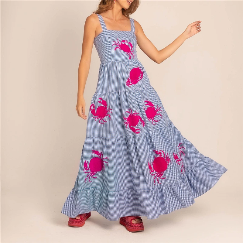 Vestido longo sem mangas com estampa floral feminino, casual bordado solto, swing, vestidos retrô boêmios, novo