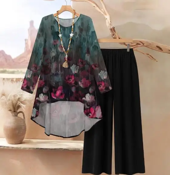 

Ladies' plus size 2025 autumn new floral oil painting print elegant casual loose long sleeved top and pants set