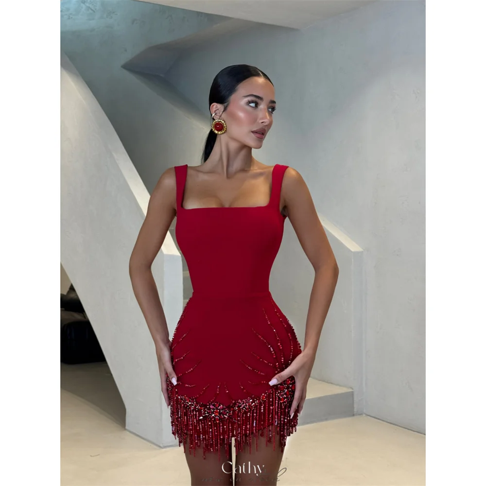 

Cathy Customized Red Square Neck Crystal Prom Dress Gorgeous Sleeveless Mini vestidos de noiva Elegant Sheath Evening Dresses