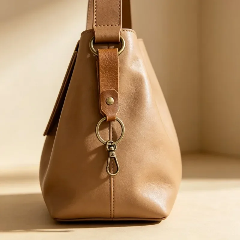 Genuine Leather Keychain Vintage Top Grain Cowhide Key Ring with Antique Brass Clasp for Bag Car Keys Gift for Men Women