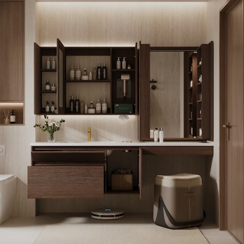 French Elegance Dark Solid Wood Floating Double Sink Bathroom Vanity With Sintered Stone Basin Smart LED Mirror Cabinet