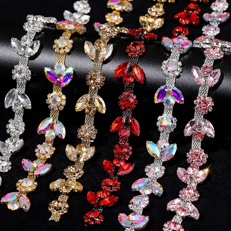 

DUCRYSTAL 1Yard/pack Glitter Glass Crystal Chain Motif Rhinestone Trimming Flatback Sew-on rhinestone Garment Decorative Chain