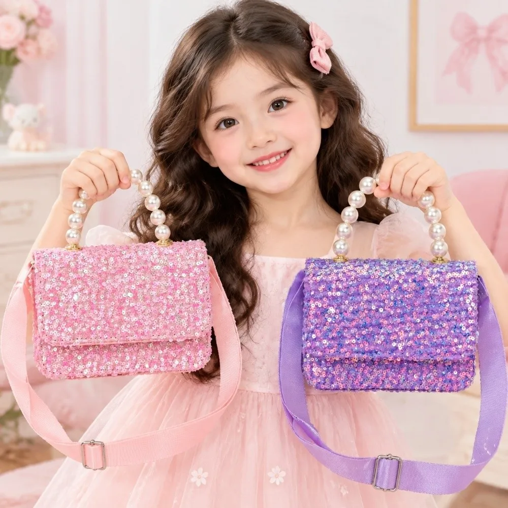 Fashion Pure Color Girls Crossbody Bag Casual Sequin Pearl Handbag Versatile Children's Backpack For Girls