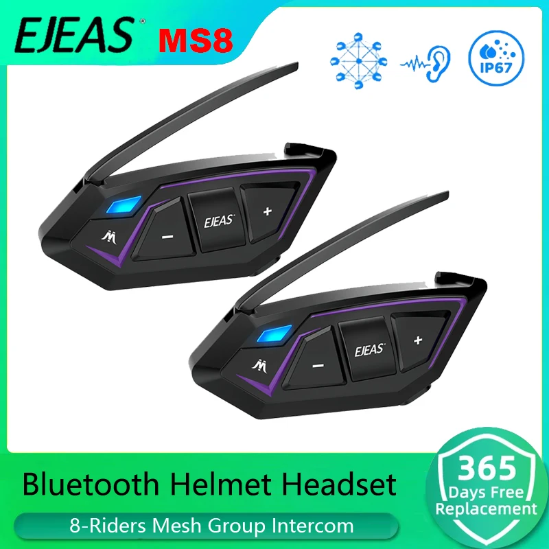 EJEAS MS8 Bluetooth Motorcycle Helmet Waterproof Intercom Headset Max 7000M BT Mesh Interphone Communicator for 8 Riders FM