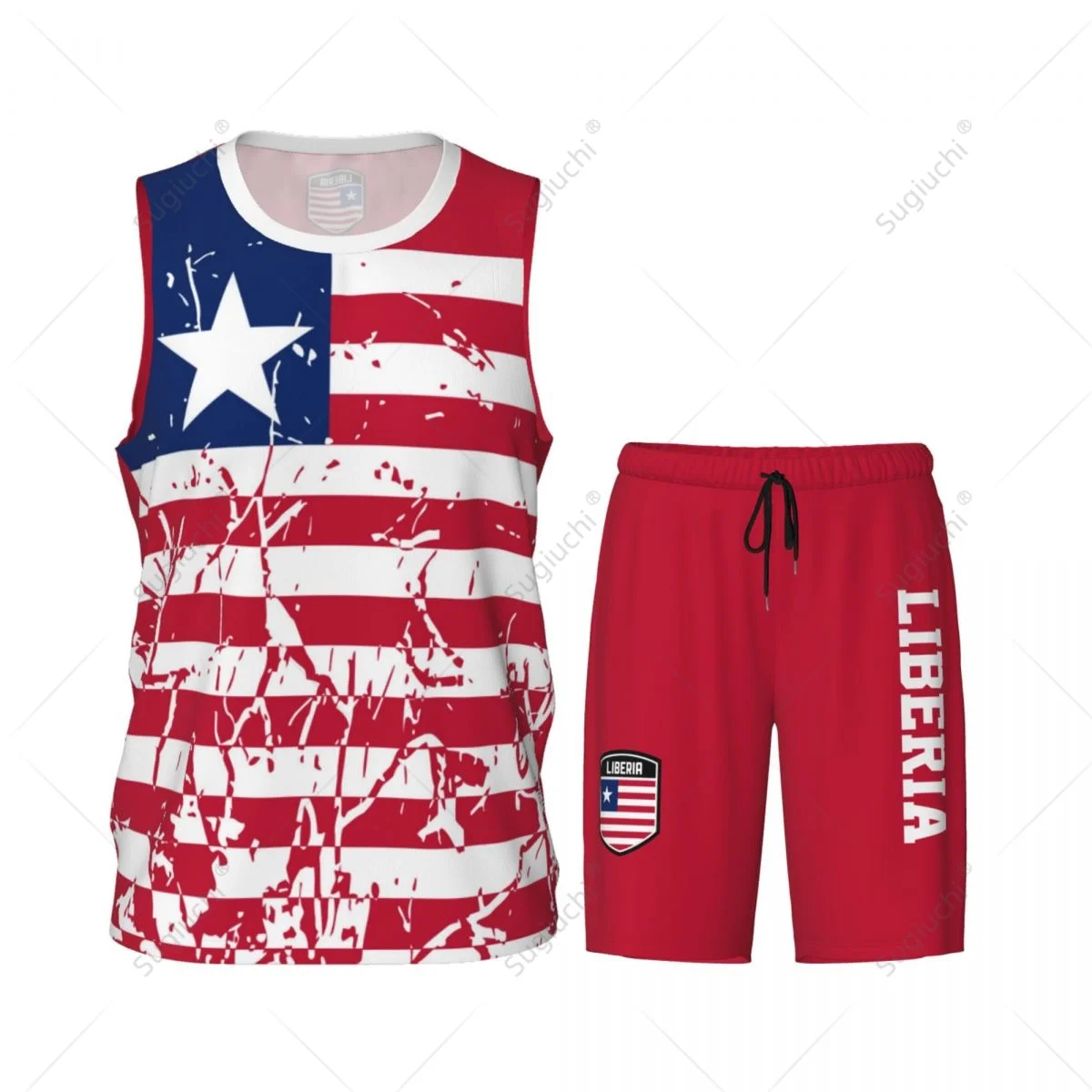 Liberia Flag Grain Men Basketball Set Shirt & Pants Sleeveless
