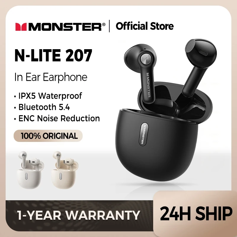 Monster N-lite 207 Bluetooth 5.4 Earphones Wireless Headphone with Mic Waterproof Touch Control Earbuds IPX5 ENC Noise Reduction