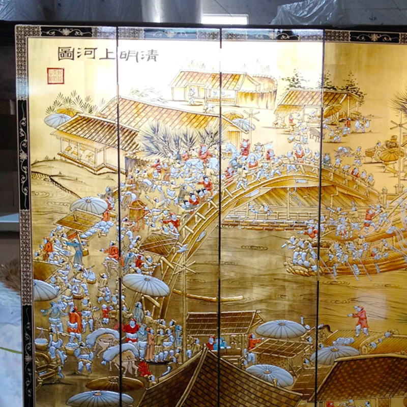 Supreme gold foil Qingming Shanghe picture screen hand-stacked gold painting Ming and Qing classical furniture live broadcast ba