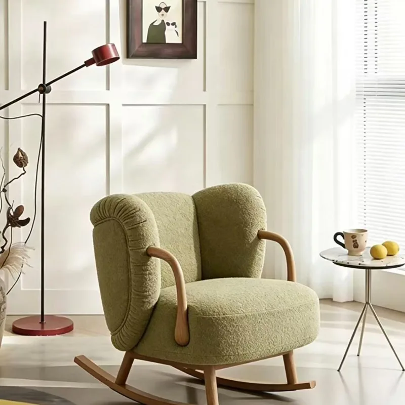 

Medieval single fabric leisure chair balcony retro bedroom homestay solid wood lazy sofa rocking chair armchair