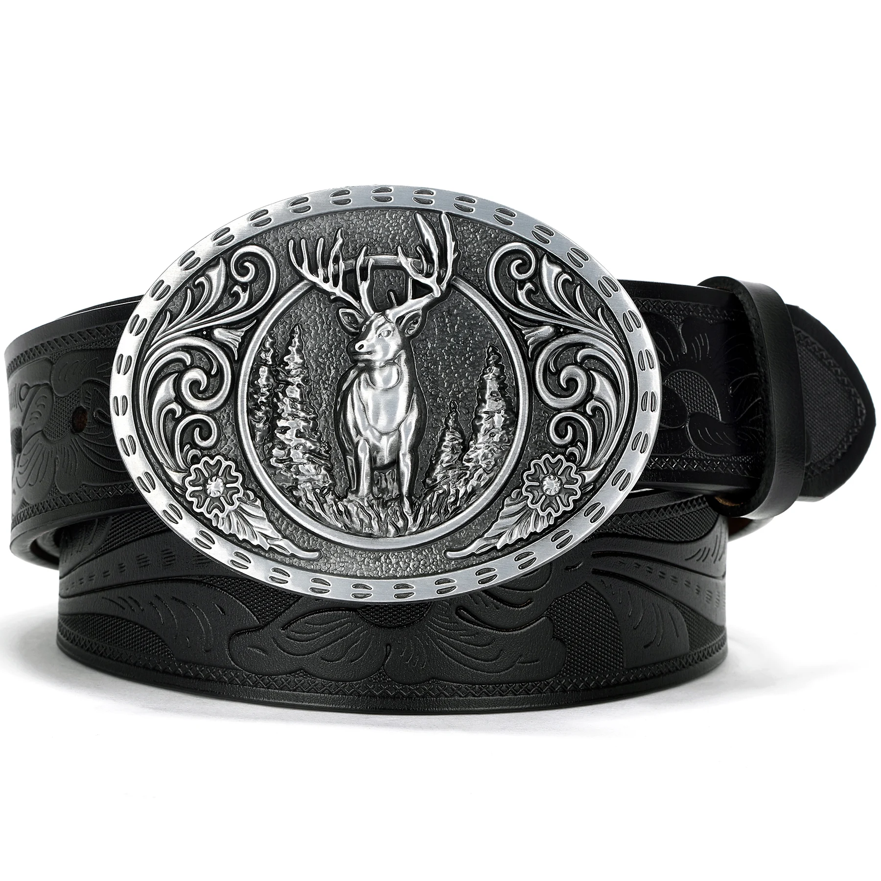 

BISON DENIM Vintage Men's Western Cowboy Belt Luxury Design Stylish Embossed Buckle Carving Leather Belts for Men Women Jeans