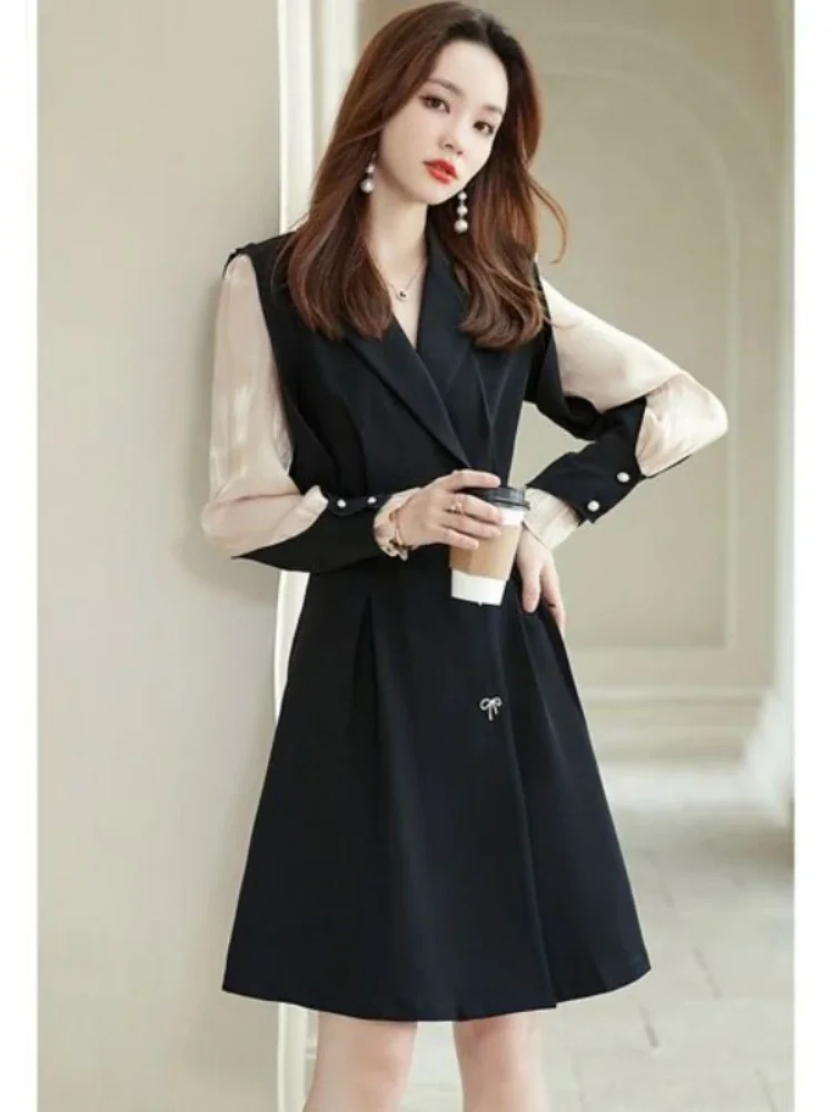 Formal Occasion Dresses for Women 2024 Splicing Mesh Blazer Woman Dress Mini Short Clothes Trendy Korean Style Xxl Loose Vintage