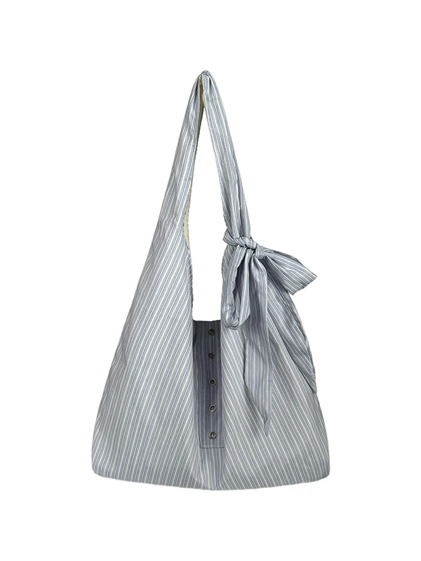 حقيبة قماشية كبيرة السعة بنمط كوري مخططة باللون الأزرق، حقيبة كتف واحدة للنساء مع عقدة، حقيبة تسوق عادية